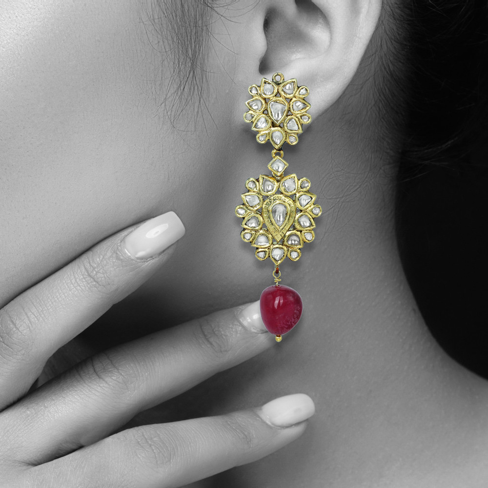 Dual Floral Polki Earrings with Tourmaline Drops